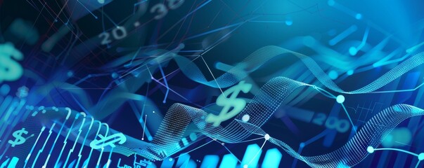 Dynamic visualization of currency fluctuations with glowing lines and symbols