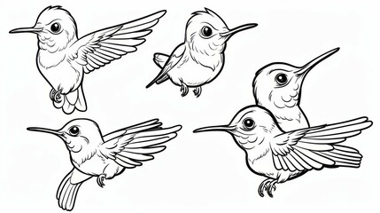 An artistic rendition of four hummingbirds in flight with their wings spread wide apart, showcasing the delicacy and vibrancy of these tiny, active birds.