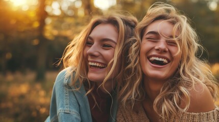 Fototapeta premium Two women are smiling and laughing together in a field. Scene is happy and joyful