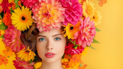 A woman with a flower crown on her head. The flowers are bright and colorful, and the woman has a beautiful smile. Concept of joy and happiness