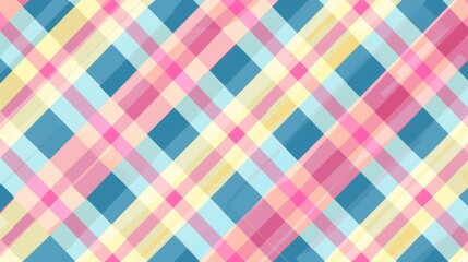 A vibrant abstract plaid pattern featuring intersecting lines in pastel colors, creating a playful and cheerful design suitable for backgrounds, textiles, and decorative projects.