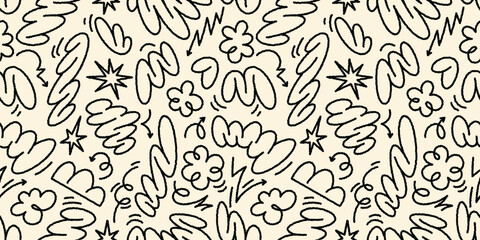 Abstract vector seamless pattern with floral shapes, groovy doodles and squiggle lines. Ideal for retro-inspired designs and creative projects.