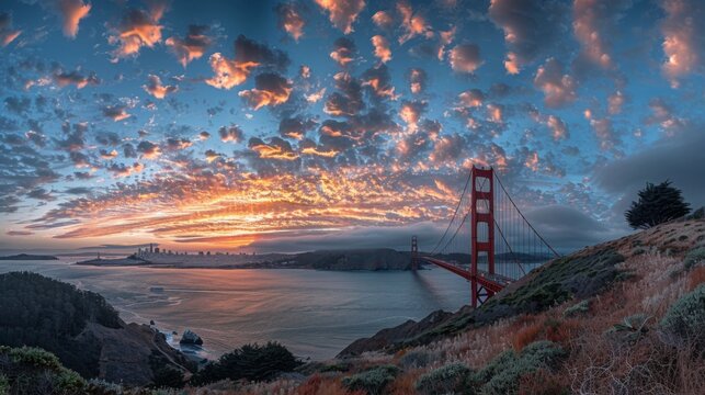 A dramatic and expansive cloudy sunset scene over the Golden Gate Bridge, with vibrant orange hues lighting up the sky and casting a warm glow over the tranquil waters.