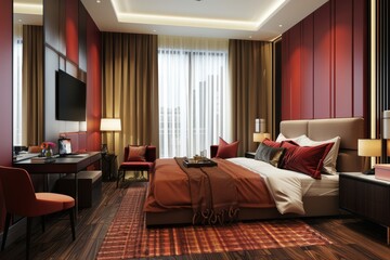 Modern Red and Beige Hotel Room. Generative AI.
