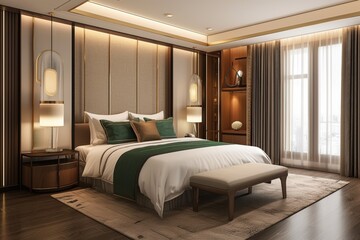 Elegant Modern Hotel Room with Green Accents. Generative AI.