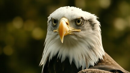 Fototapeta premium Close-up of a Bald Eagle staring at the camera with sharp eyes and powerful beak. Blurred background creates focus on the eagle.