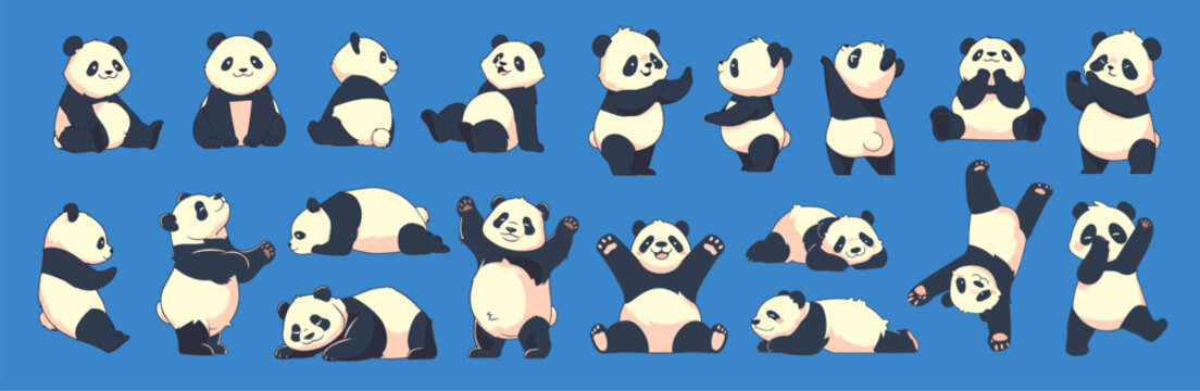 Cartoon cute panda set. Black and white asian bear character poses sitting standing lying dance, adorable animal vector illustration