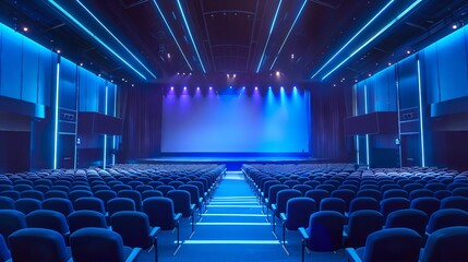 Naklejka premium Business innovation summit in a futuristic auditorium, SEO business trends, futuristic auditorium