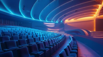 Fototapeta premium Modern movie theater auditorium with blue and orange lighting and comfortable seating.