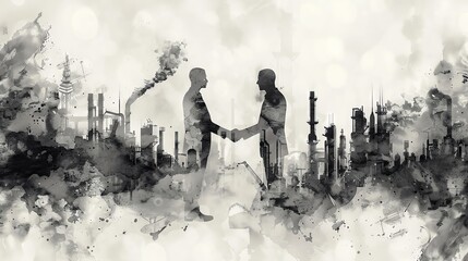 Obraz premium Silhouettes of two businessmen shaking hands in front of a polluted cityscape.