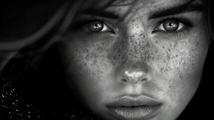 Fototapeta premium A black and white portrait focusing on the face of a woman with freckles. The image captures her intense gaze and expressive eyes.