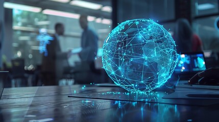 Obraz premium Abstract image of a glowing globe with network connections, representing global connectivity and the digital age.
