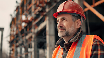 Mature male construction worker wearing a red hard hat and orange safety vest at a construction site, looking determined and focused. Professional portrait with building structure background.