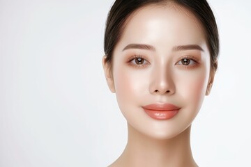 close up face portrait of young pretty Asian woman amber eyes with bright flawless clean clear skin, beauty cosmetic or skincare fashion portrait with copy space