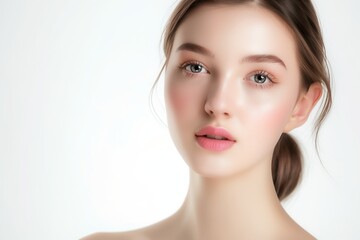 Obraz premium close up face portrait of young pretty woman grey eyes with bright flawless clean clear skin, beauty cosmetic or skincare fashion portrait with copy space