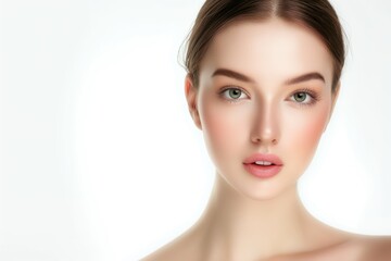 Obraz premium close up face portrait of young pretty Asian woman hazel eyes with bright flawless clean clear skin, beauty cosmetic or skincare fashion portrait with copy space