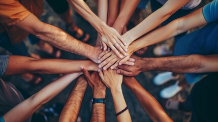 Obraz premium Diverse group of people joining hands together in a circle showing teamwork and unity