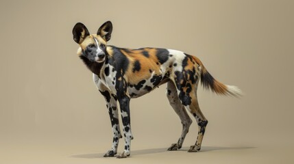 This image features an African wild dog standing on a neutral background, showcasing its vibrant and uniquely spotted coat with a mix of black, brown, and white fur.