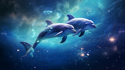 Fototapeta premium Beautiful artwork depicting two dolphins swimming together in a surreal, space-themed underwater scene filled with stars, creating a sense of wonder and imagination.