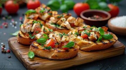 A delectable bruschetta with grilled chicken, tomatoes, basil, and herbs on a rustic wooden board, perfect for a delightful and flavorful culinary experience.