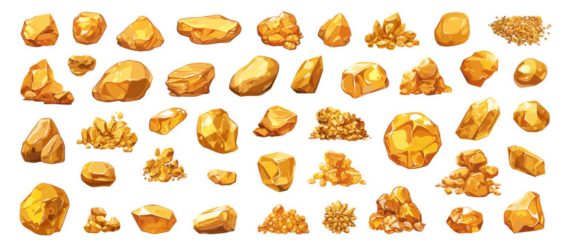 Cartoon gold nuggets and rocks set. Gem stones piles and heaps, golden game mine treasure vector illustration
