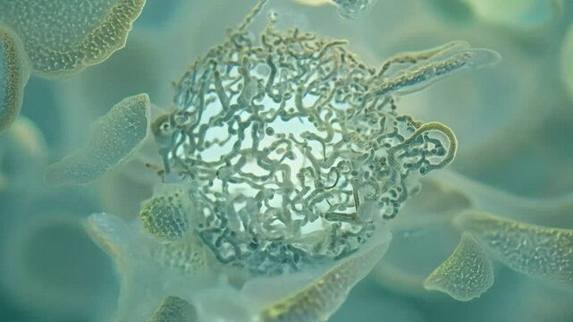 A close up microscopic video of various cells and bacteria. 
