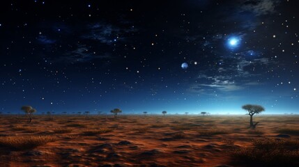 Obraz premium A breathtaking view of a vast desert under a clear, star-filled sky with a few scattered trees, creating a sense of serenity and infinite possibilities.