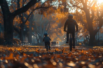 Two Children Biking Through Fall Foliage on a Sunny Day