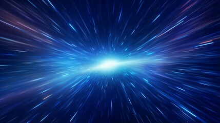 A dynamic, vivid depiction of traveling through space at high speed, illustrated with streaks of light and a bright central glow, representing the thrill of space exploration.