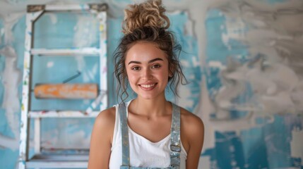 Fototapeta premium A young woman in white t-shirt and denim overalls, smiling as she holds a paint roller covered in blue paint, stands in front of a newly painted wall with paint splatters.