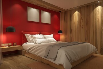 Warm Bedroom with Red and Wooden Accents. Generative AI.