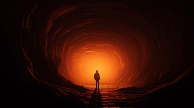 A silhouetted person stands in a dark tunnel with an intense red glow ahead, symbolizing the fiery drive, intensity, and passage to a transformative journey.
