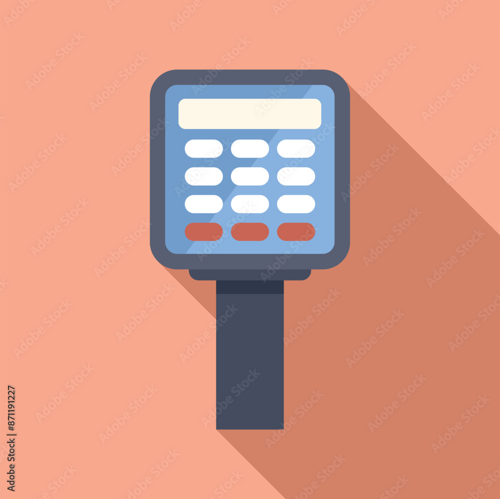 Poster parking meter displaying payment information with a long shadow on a pink background