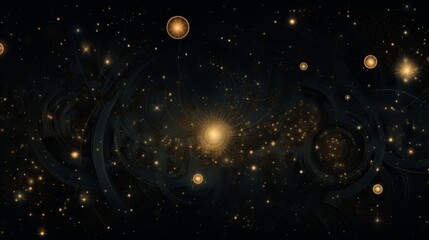 A central bright star emitting light, surrounded by swirling patterns of dust and smaller stars, illustrating the dynamic and alive nature of stellar activity in a dark universe.