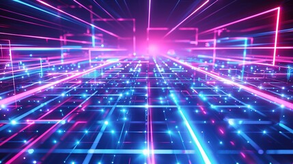 Obraz premium Glowing Neon Grid: Abstract Digital Patterns with Pulsating Lights