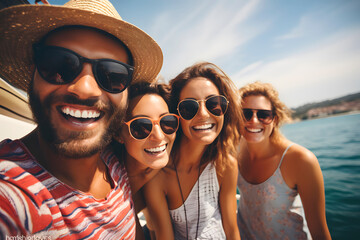 Selfie of a group of 30 year old multiethnic friends at the beach. Generative Ai.