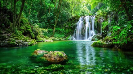 Serene Waterfall Oasis in Lush Green Forest - Cascading Water Over Mossy Rocks into Clear Pool