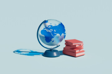 Blue Globe with Stack of Coral Books on Light Blue Background