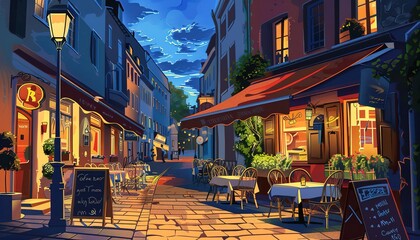 Fototapeta premium landscape Evening European modern Streetside Cafe, cartoon