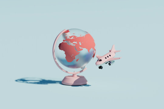 Coral Globe with Toy Airplane on Light Blue Background
