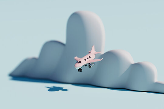 Toy Airplane Flying Over Cartoon Clouds on Light Blue Background