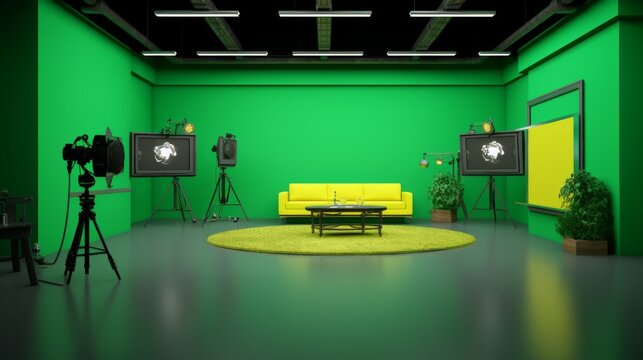 A vibrant green screen studio setup that includes yellow couches and various photographic equipment, creating a dynamic and colorful environment suitable for diverse media production needs.