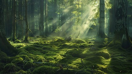 Obraz premium Serene Forest Morning with Sun Rays and Misty Glow