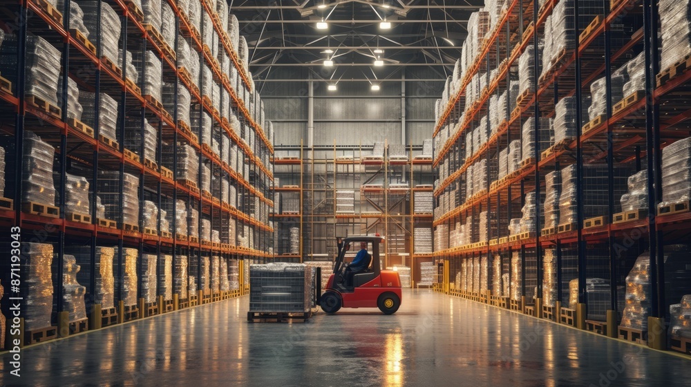 Poster smart warehouse worker or operator driving forklift and lifted product surrounded with box at storag