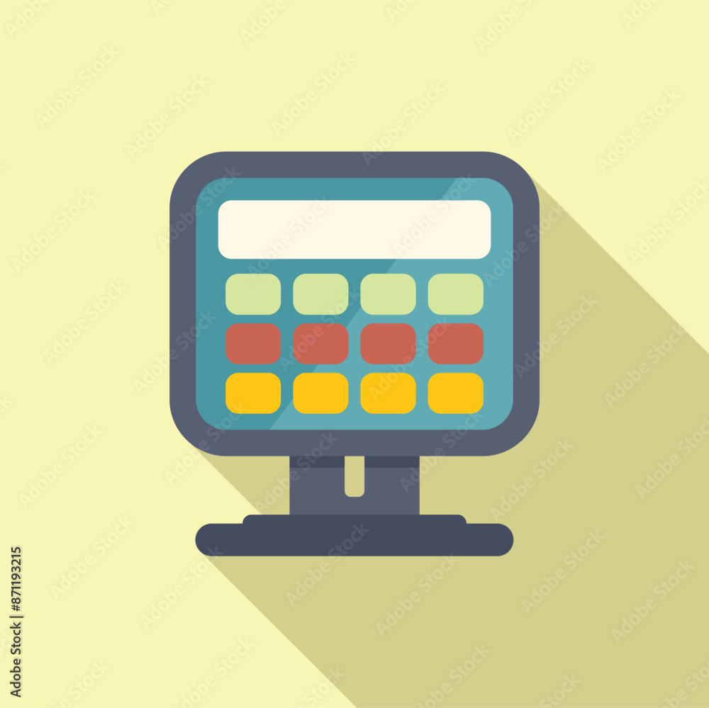 Poster calculator showing calculation process on screen icon in flat style with long shadow
