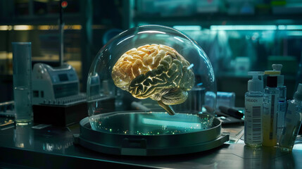 A futuristic bio lab featuring a brain hologram showcasing AI's advanced potential to enhance scalability, integration, and security across time and technologies for transformative business applicatio