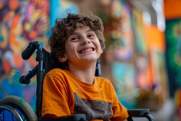 Obraz premium Autistic child smiling in a wheelchair, overlooking the art class