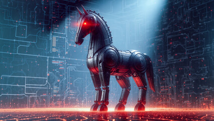 Trojan horse with glowing red eyes, in futuristic, cybernetic landscape, symbolizing hidden online threats and malware in high-tech environment.