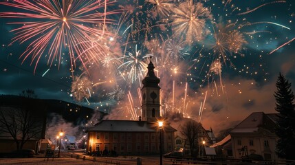 A festive atmosphere with fireworks lighting up the sky during a national holiday