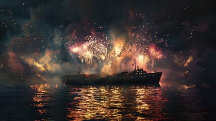 Fototapeta premium A fireworks barge anchored offshore, launching volleys of pyrotechnics into the air